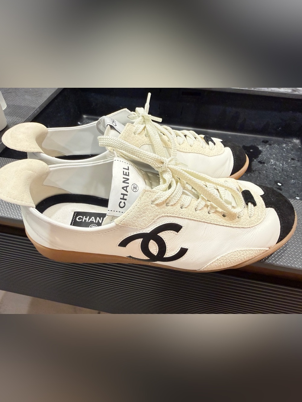CHANEL White Leather & Suede Low-Top Sneakers with Black Logo